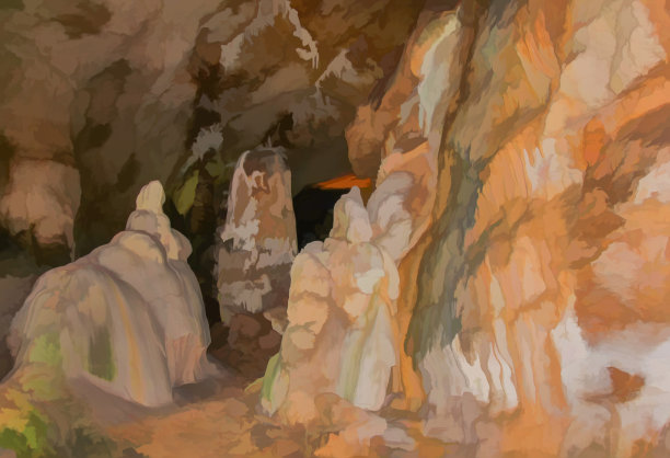 地下钟乳石和石笋洞穴抽象图。石灰岩岩溶的形成。旅游和度假的概念。数字绘画。抽象自然主义，浮雕图案。二维图图片下载