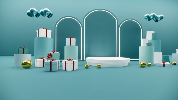 3 d渲染。简约的圣诞背景。礼物盒。站在舞台背景。产品的空间。柔和的颜色。图片下载