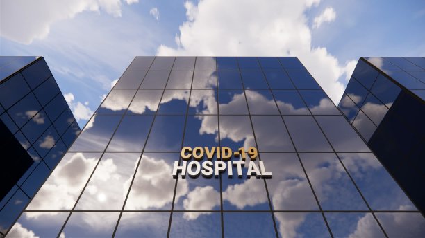 玻璃摩天大楼上的新冠隔离区：建筑中倒映着延时天空。疫情、病毒大流行。3D渲染的医疗、诊所、急诊概念图图片下载