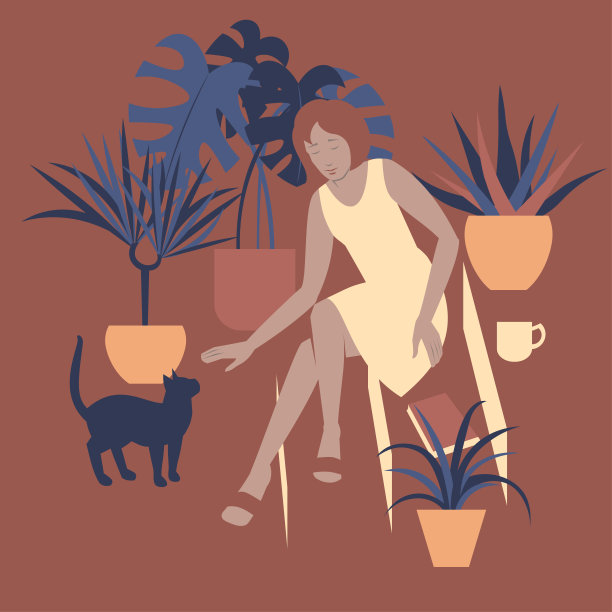 矢量插图与女士和她的猫玩在房子的台阶上。图片下载