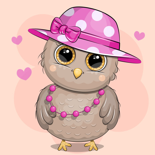 可爱的卡通猫头鹰戴着粉红色的帽子和项链。图片下载