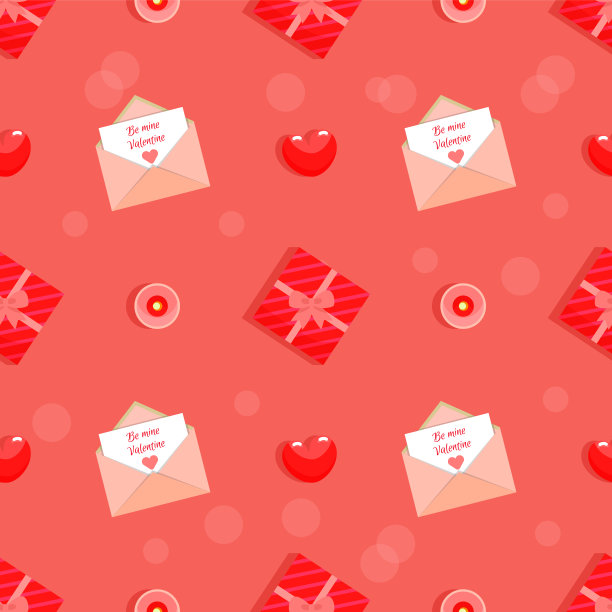 为我的情人无缝图案在红色。矢量卡通插图在平坦的风格。用爱情相关的设计元素构成。信件，礼品盒和心。丰富多彩的节日纹理图片下载