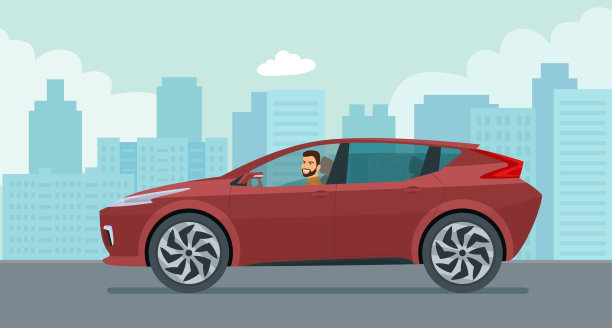 现代电动CUV汽车与一个年轻的司机驾驶背景抽象的城市景观。矢量平面风格插图。图片下载