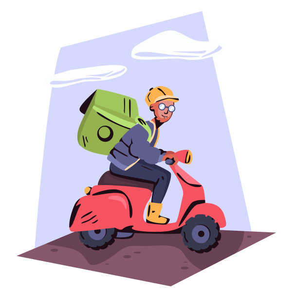 一名快递员骑着滑板车将食品或一些产品从杂货店通过非接触方式送到安全的消费者家中，以对抗冠状病毒。平面设计说明。向量图片下载