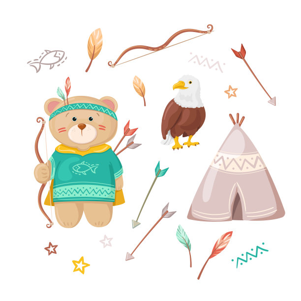可爱的卡通熊打扮成美洲印第安人。儿童向量孤立集。图片下载