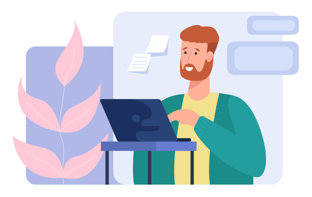 留胡子红发男人远程办公扁平插画图片下载