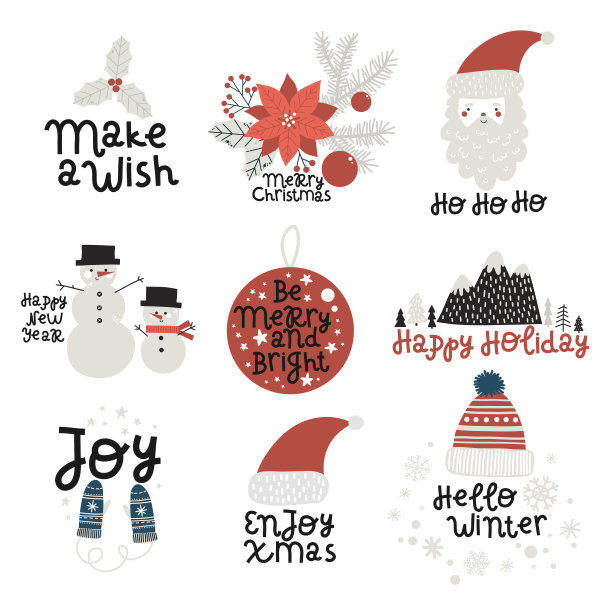 矢量圣诞一套贴纸，图片的节日，字母和圣诞老人，剪纸图片下载