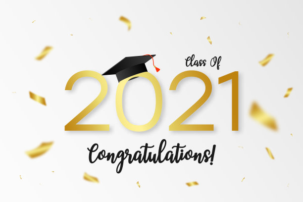 2021级。带有金色编号的毕业横幅，研究生学位帽和金色彩纸。毕业设计概念。带有文字的贺卡。图片下载