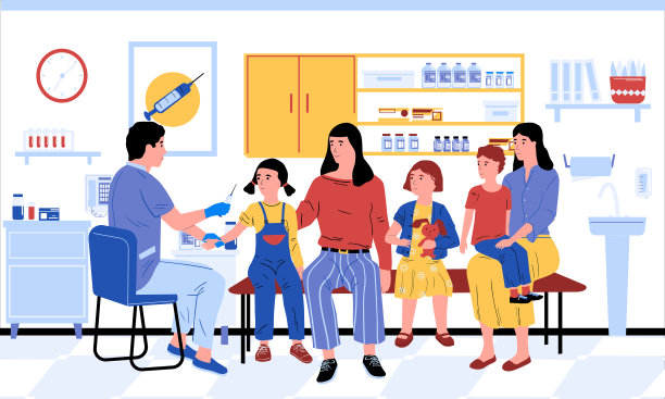 接种疫苗。医生为儿童和成人接种疫苗。医生给病人注射传染病药物。预防病毒感染。医疗办公室内部，矢量插图图片下载
