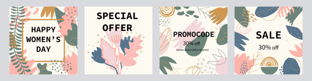 创意销售标题或横幅设置与折扣优惠妇女节庆祝活动。适合社交媒体帖子，移动应用程序，横幅设计和网络/互联网广告。矢量时尚背景。图片下载