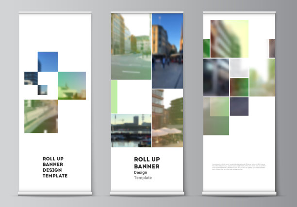 垂直的传单，旗帜设计模板，旗帜站，广告设计模型的卷上模型设计模板矢量布局。抽象项目与剪贴蒙版绿色方块为您的照片。图片下载