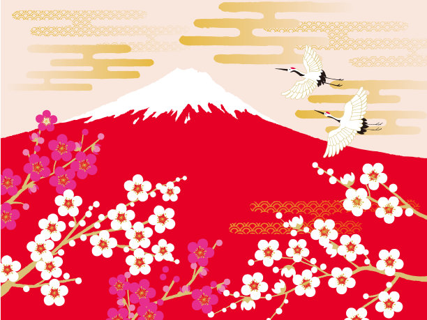 日本的丹顶鹤飞在富士山和梅松图片下载