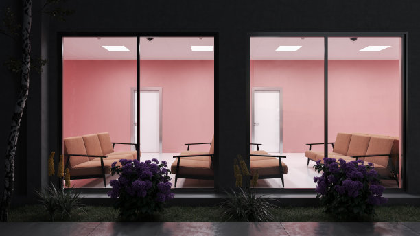 外面的一个红色照明候诊室在夜间图片下载