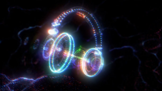 未来的耳机全息图和音频波形图片下载