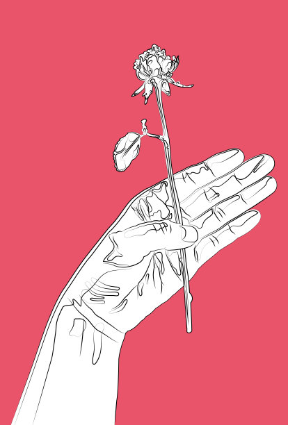 简单的线条艺术插图一只手拿着一朵玫瑰[明信片模板]图片下载