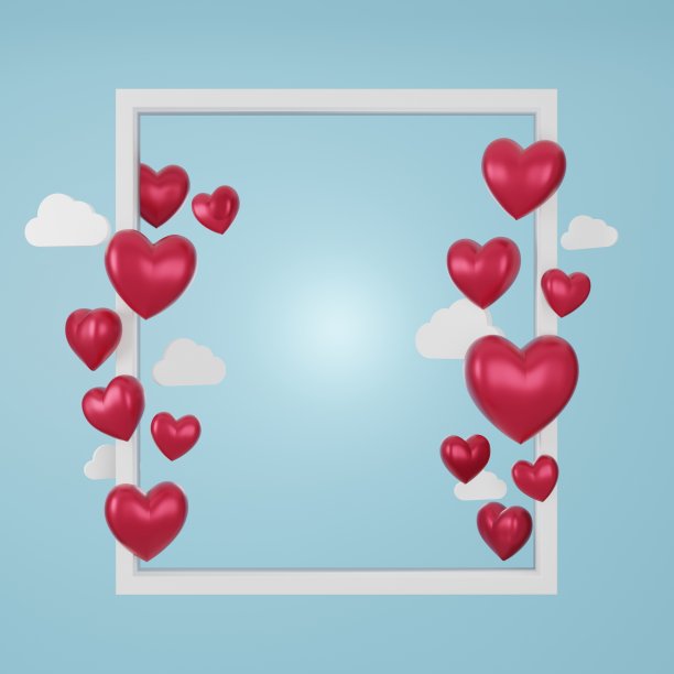 爱情和情人节的3D插图，白色的画框和红色的心漂浮在蓝色的背景上。三维渲染图片下载