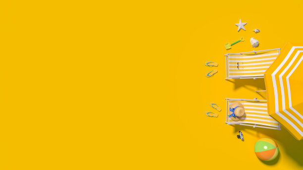 俯视图，海滩旅游暑假度假概念背景与复制空间，3d渲染图片下载