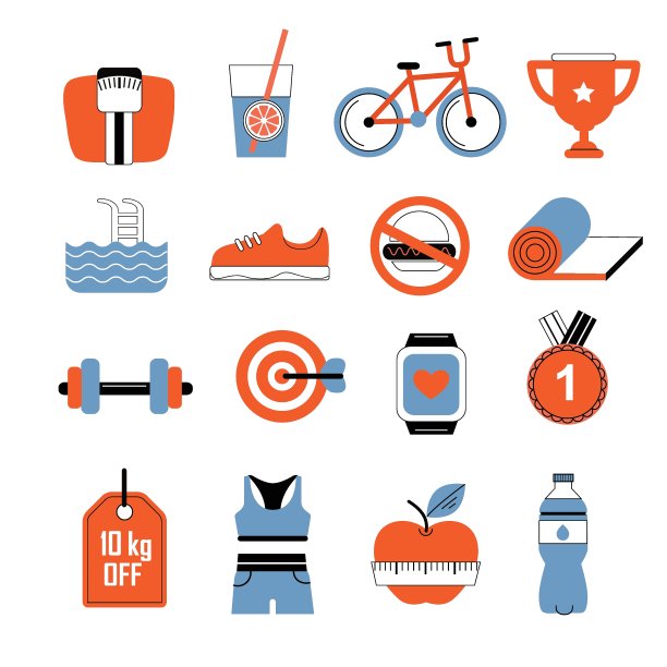 一组矢量平面风格图标的饮食和健身图片下载