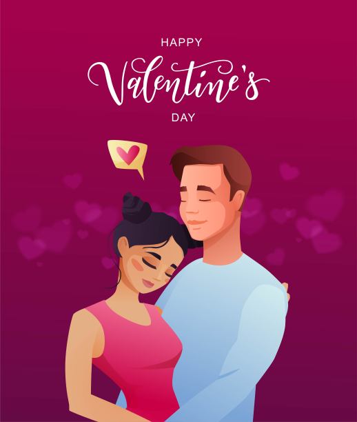 情人节快乐手写文字与可爱的情侣在爱。图片下载