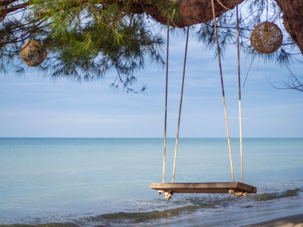 挂在树上的木秋千，背景是蓝色的大海。图片下载