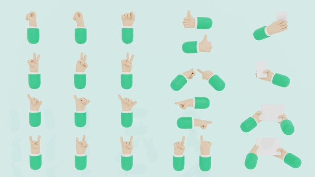 3D渲染的手的位置，手势，和设备绿色库存照片图片下载