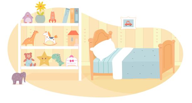 小男孩卧室室内设计背景。房间里有床，有枕头和毯子，架子上放满了书和玩具。现代儿童家居矢量插画图片下载