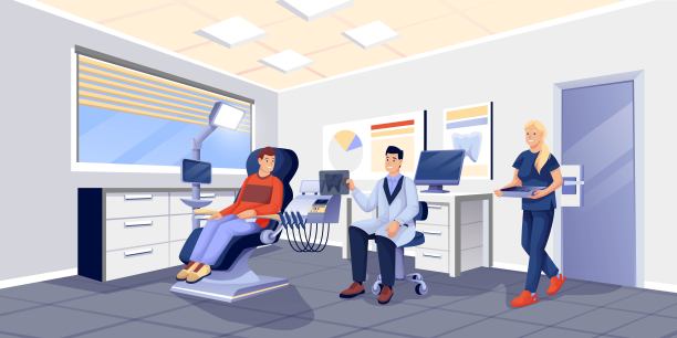 病人，医生和护士在牙科诊所。牙科保健媒介插图。男人坐在椅子上，医生拿着牙齿的x光片，护士拿着器械。牙科设备图片下载