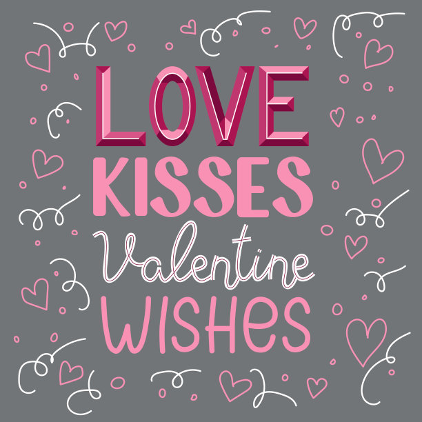 爱，吻，情人节的祝福。装饰字母、心形和涂鸦元素。图片下载