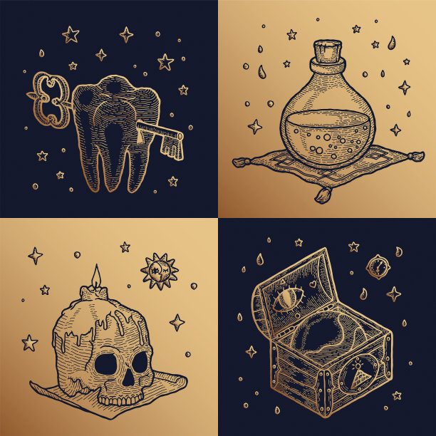 金色暗蓝色背景上的魔法元素套装：神秘物体、木箱、带钥匙的牙齿、毒药瓶、人类头骨。万圣节巫婆波西米亚风贺卡图片下载