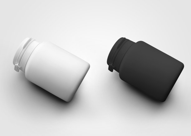 一个塑料圆罐的模型与第一打开控制，药丸，添加剂的盒子，孤立的背景。图片下载