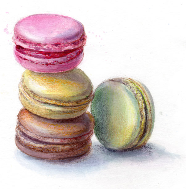 彩色的杏仁饼干堆叠在传统铅笔画和水彩画之上图片下载