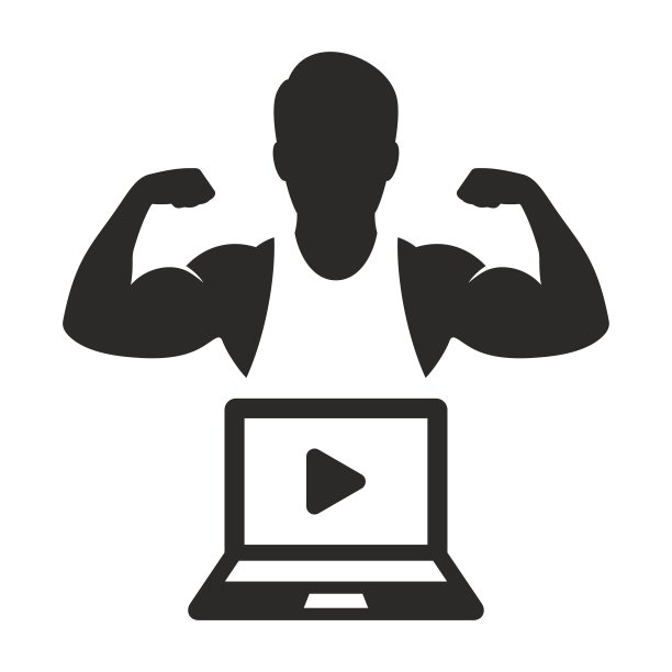 在线健身图标。健身视频。笔记本电脑上的家庭健身教程视频。在线培训项目。健身。图片下载
