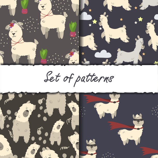 向量无缝背景与喇嘛集。卡通手绘风格的儿童插图，适用于服装、室内设计、包装、印刷。图片下载