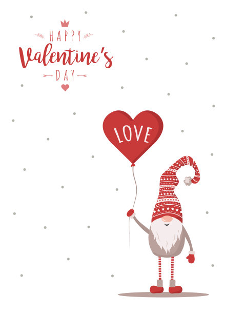 情人节贺卡可爱的北欧侏儒在红帽子和气球。季节的问候。矢量插图卡通风格。斯堪的纳维亚的明信片图片下载