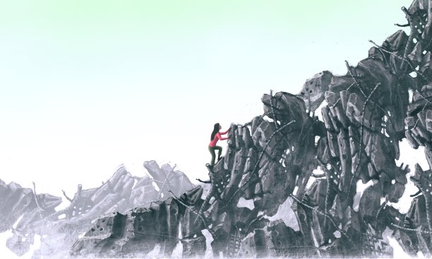 超现实主义艺术，希望梦想信念抱负战争与成功概念艺术，女人爬破建筑，绘画插画，想象图片下载