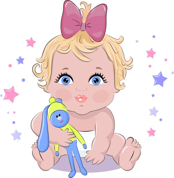 可爱的小女孩手里拿着一只玩具兔子。矢量图图片下载