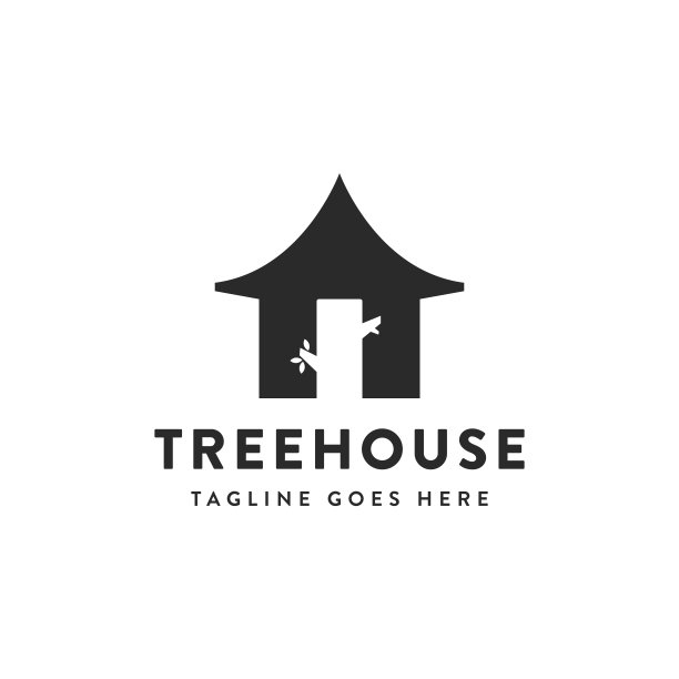 简单的树屋图标，与树作为门矢量模板上的黑色背景图片下载