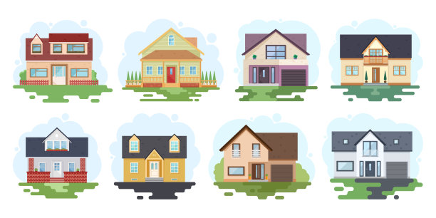 将时尚的房子与天空和其他环境元素相映衬。平房风格的房子。矢量图图片下载