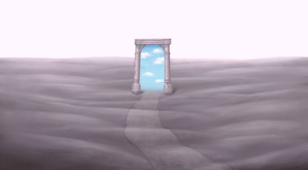 概念艺术，希望抱负成功人生想象幸福精神和自由概念，天空在超现实门与超现实山水，绘画艺术，想象插画图片下载