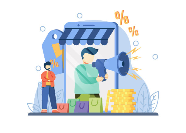 电子商务推广大销售理念。屏幕上一名男子用扩音器提供网上购物打折公告、限时抢购、特价促销、电子商务商店促销等抽象隐喻。图片下载