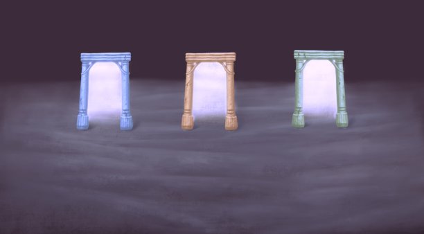 选择梦想成功与想象的概念艺术作品，超现实绘画三秘门、梦幻门道、神秘插画、商业背景艺术图片下载