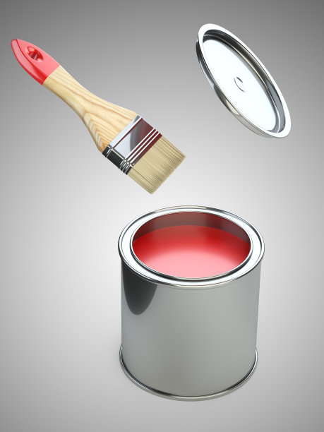 一个盖子打开的罐子和一个在飞行中的刷子。翻新过程中的梦幻飞行概念。图片下载