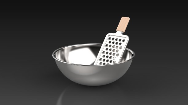 刨丝器和碗黑色背景一个中心前端3D渲染图片下载