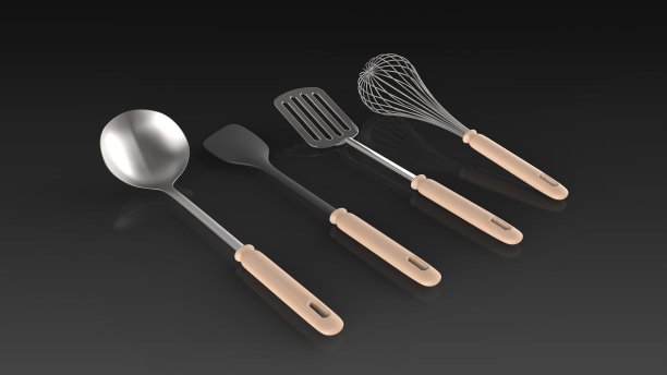 烹饪工具黑色背景一个中心角度的3D渲染图片下载