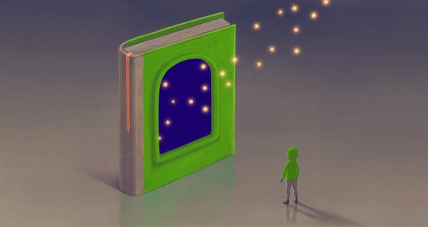 教育学习梦想希望灵感和自由理念，男孩用想象书本中的萤火虫。超现实主义绘画。幻想艺术、概念艺术、儿童幸福、插画图片下载