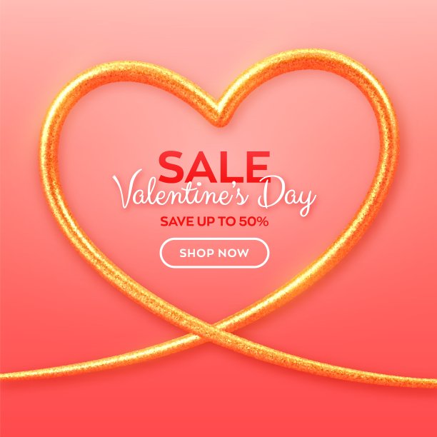 情人节快乐。3D逼真的闪光心形黄金框架与闪光纹理。墙纸、传单、海报、宣传册、贺卡。矢量插图。图片下载