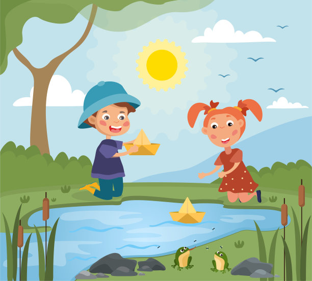 小男孩和小女孩在玩纸船图片下载