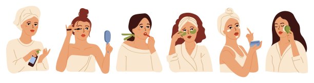 美容护理常规。卡通脸干净，女孩用韩国化妆品。女性肌肤健康，女性脸部贴膏霜时尚向量乳液套装图片下载