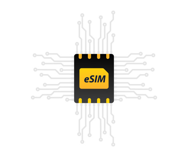 eSIM技术。嵌入式SIM卡。新的移动通信技术。SIM嵌入式SIM卡图标。5g sim卡用于带芯片的移动设备图片下载