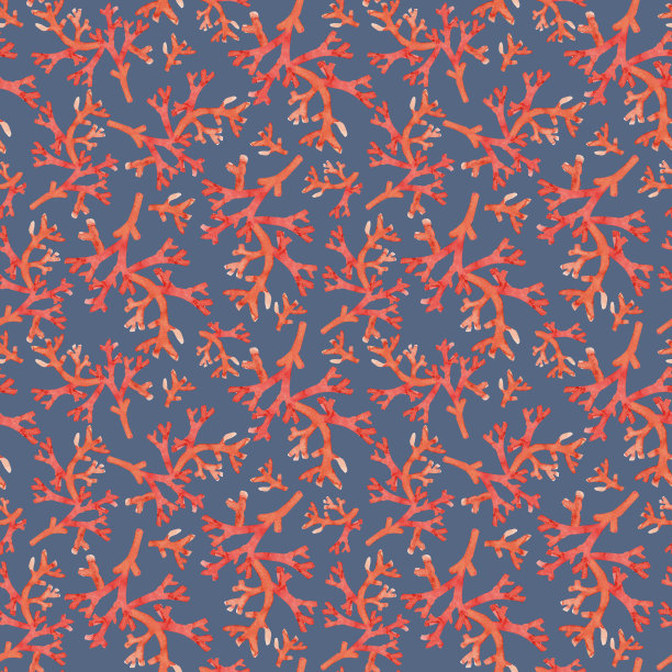 红色珊瑚无缝图案上的蓝色背景。插图水彩手绘图片下载